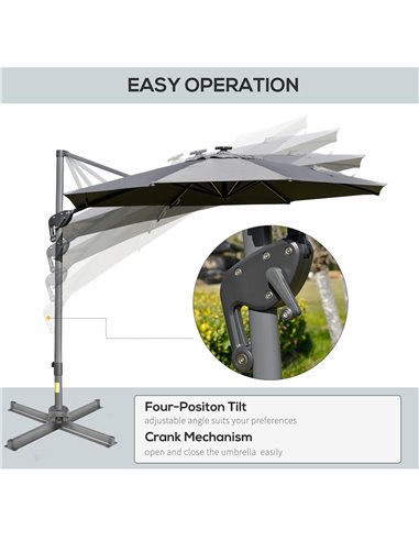 Outsunny 3m Cantilever Roma Parasol Adjustable Garden Sun Umbrella with LED Solar Light Cross Base Rotating Outdoor- Grey 84D-11