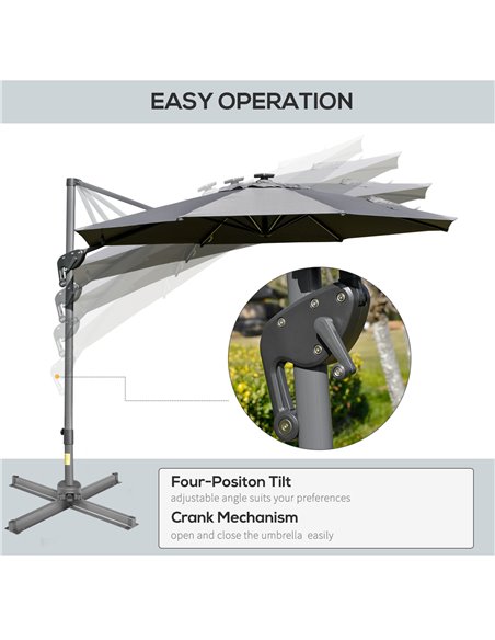 Outsunny 3m Cantilever Roma Parasol Adjustable Garden Sun Umbrella with LED Solar Light Cross Base Rotating Outdoor- Grey 84D-11 - pic 49117 | FastDaddyshop