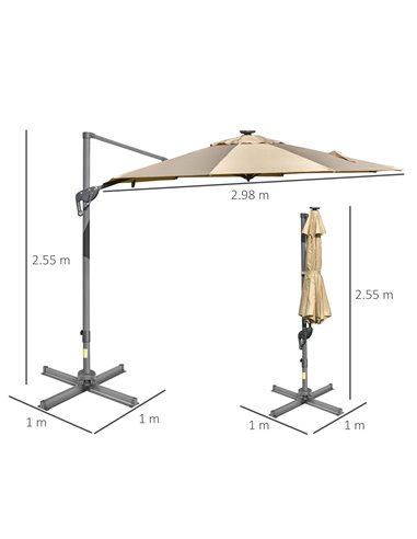 Outsunny 3m Square Outdoor Umbrella Adjustable Garden Sun Umbrella with LED Solar Light Cross Base Rotating Outdoor- Khaki 84D-1