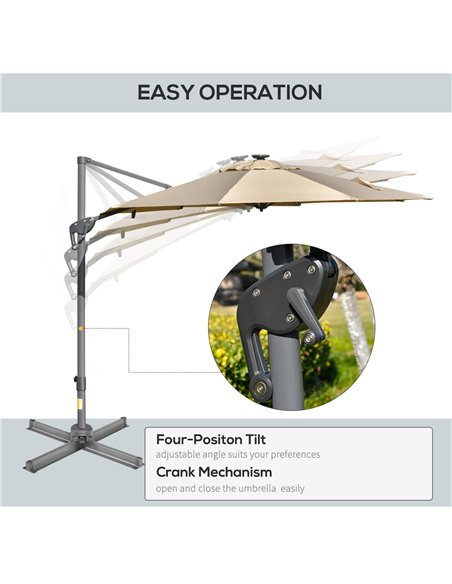 Outsunny 3m Square Outdoor Umbrella Adjustable Garden Sun Umbrella with LED Solar Light Cross Base Rotating Outdoor- Khaki 84D-1 - pic 49123 | FastDaddyshop