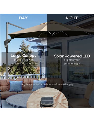 Outsunny 3m Square Outdoor Umbrella Adjustable Garden Sun Umbrella with LED Solar Light Cross Base Rotating Outdoor- Khaki 84D-1
