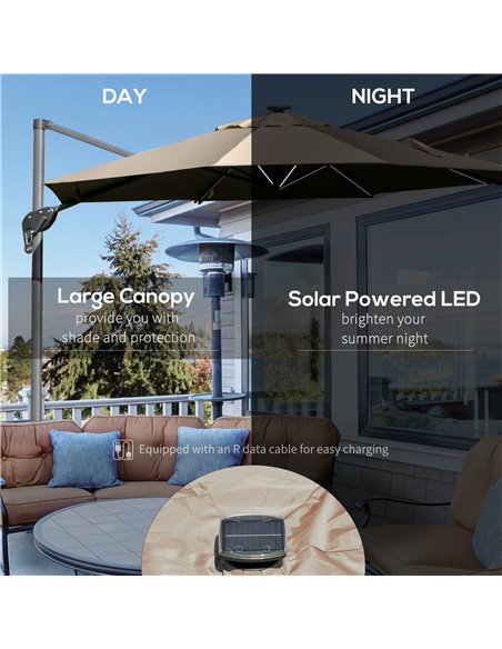 Outsunny 3m Square Outdoor Umbrella Adjustable Garden Sun Umbrella with LED Solar Light Cross Base Rotating Outdoor- Khaki 84D-1 - pic 49126 | FastDaddyshop
