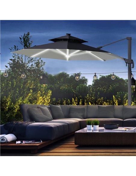 Outsunny 3m Cantilever Parasol w/ Solar Lights Power Bank Cross Base Adjustable Canopy 360° Spin Outdoor Garden Umbrella 2-Tier  - pic 49139 | FastDaddyshop