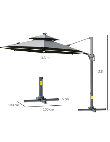 Outsunny 3m Cantilever Parasol w/ Solar Lights Power Bank Cross Base Adjustable Canopy 360° Spin Outdoor Garden Umbrella 2-Tier 