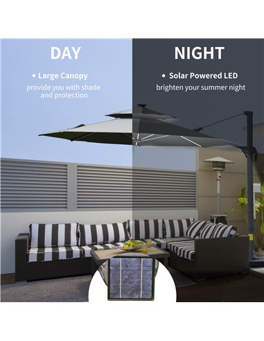 Outsunny 3m Cantilever Parasol w/ Solar Lights Power Bank Cross Base Adjustable Canopy 360° Spin Outdoor Garden Umbrella 2-Tier 