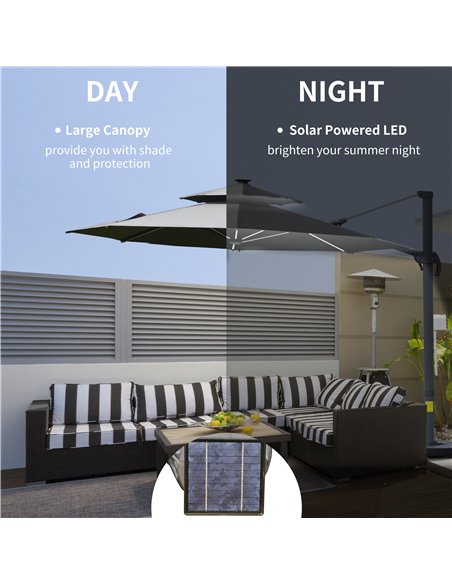 Outsunny 3m Cantilever Parasol w/ Solar Lights Power Bank Cross Base Adjustable Canopy 360° Spin Outdoor Garden Umbrella 2-Tier  - pic 49141 | FastDaddyshop
