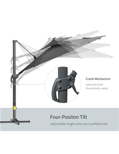 Outsunny 3m Cantilever Parasol w/ Solar Lights Power Bank Cross Base Adjustable Canopy 360° Spin Outdoor Garden Umbrella 2-Tier 