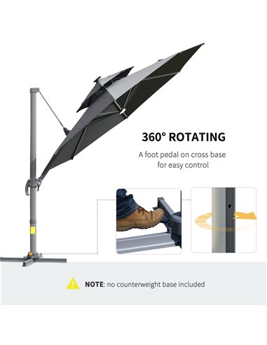 Outsunny 3m Cantilever Parasol w/ Solar Lights Power Bank Cross Base Adjustable Canopy 360° Spin Outdoor Garden Umbrella 2-Tier 