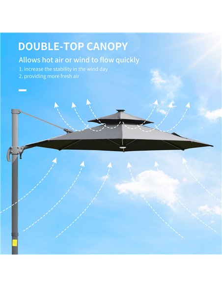 Outsunny 3m Cantilever Parasol w/ Solar Lights Power Bank Cross Base Adjustable Canopy 360° Spin Outdoor Garden Umbrella 2-Tier  - pic 49144 | FastDaddyshop