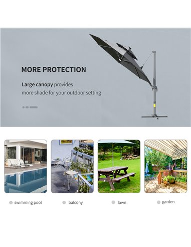 Outsunny 3m Cantilever Parasol w/ Solar Lights Power Bank Cross Base Adjustable Canopy 360° Spin Outdoor Garden Umbrella 2-Tier 