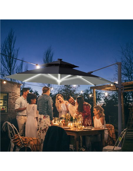 Outsunny 3m Cantilever Parasol w/ Solar Lights Power Bank Cross Base Adjustable Canopy 360° Spin Outdoor Garden Umbrella 2-Tier  - pic 49146 | FastDaddyshop
