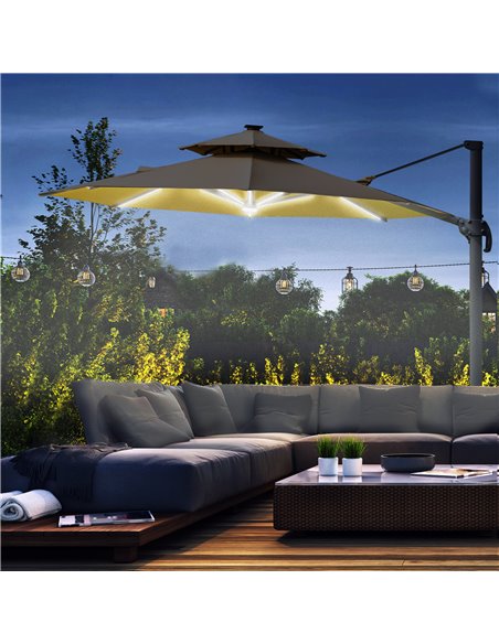 Outsunny 3m Cantilever Parasol w/ Solar Lights Power Bank Cross Base Adjustable Canopy 360° Spin Outdoor Garden Umbrella 2-Tier  - pic 49148 | FastDaddyshop