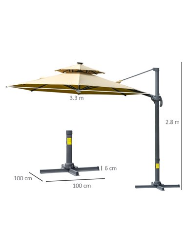 Outsunny 3m Cantilever Parasol w/ Solar Lights Power Bank Cross Base Adjustable Canopy 360° Spin Outdoor Garden Umbrella 2-Tier 
