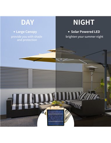 Outsunny 3m Cantilever Parasol w/ Solar Lights Power Bank Cross Base Adjustable Canopy 360° Spin Outdoor Garden Umbrella 2-Tier 