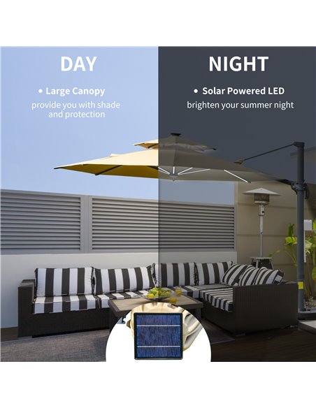 Outsunny 3m Cantilever Parasol w/ Solar Lights Power Bank Cross Base Adjustable Canopy 360° Spin Outdoor Garden Umbrella 2-Tier  - pic 49150 | FastDaddyshop