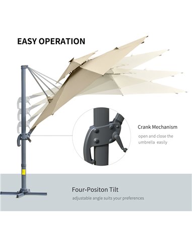 Outsunny 3m Cantilever Parasol w/ Solar Lights Power Bank Cross Base Adjustable Canopy 360° Spin Outdoor Garden Umbrella 2-Tier 