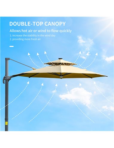 Outsunny 3m Cantilever Parasol w/ Solar Lights Power Bank Cross Base Adjustable Canopy 360° Spin Outdoor Garden Umbrella 2-Tier 