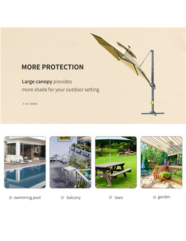 Outsunny 3m Cantilever Parasol w/ Solar Lights Power Bank Cross Base Adjustable Canopy 360° Spin Outdoor Garden Umbrella 2-Tier 