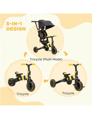 AIYAPLAY 3-in-1 Tricycle for Kids with Aluminium Frame, Baby Trike with Adjustable Push Handle, Canopy and Seat Angle for 18-48 