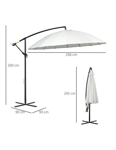 Outsunny 3(m) Cantilever Shanghai Parasol Garden Hanging Banana Sun Umbrella with Crank Handle, 18 Sturdy Ribs and Cross Base, O