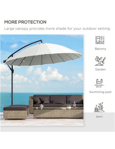 Outsunny 3(m) Cantilever Shanghai Parasol Garden Hanging Banana Sun Umbrella with Crank Handle, 18 Sturdy Ribs and Cross Base, O