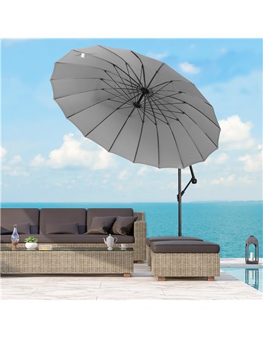 Outsunny 3(m) Cantilever Garden Hanging Banana Sun Umbrella with Crank Handle, 18 Sturdy Ribs and Cross Base, Grey 84D-118GY
