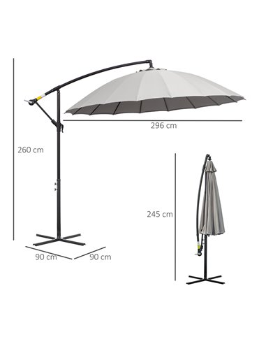Outsunny 3(m) Cantilever Garden Hanging Banana Sun Umbrella with Crank Handle, 18 Sturdy Ribs and Cross Base, Grey 84D-118GY