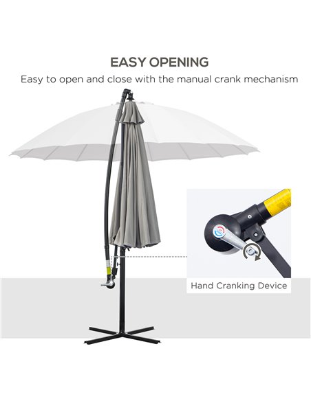 Outsunny 3(m) Cantilever Garden Hanging Banana Sun Umbrella with Crank Handle, 18 Sturdy Ribs and Cross Base, Grey 84D-118GY - pic 49204 | FastDaddyshop