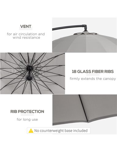 Outsunny 3(m) Cantilever Garden Hanging Banana Sun Umbrella with Crank Handle, 18 Sturdy Ribs and Cross Base, Grey 84D-118GY