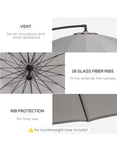 Outsunny 3(m) Cantilever Garden Hanging Banana Sun Umbrella with Crank Handle, 18 Sturdy Ribs and Cross Base, Grey 84D-118GY - pic 49206 | FastDaddyshop