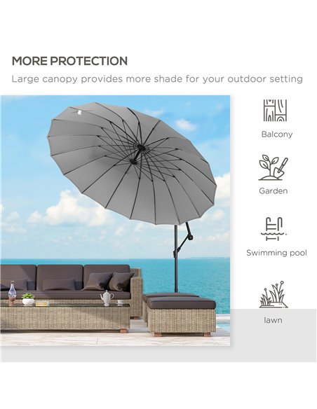 Outsunny 3(m) Cantilever Garden Hanging Banana Sun Umbrella with Crank Handle, 18 Sturdy Ribs and Cross Base, Grey 84D-118GY - pic 49207 | FastDaddyshop