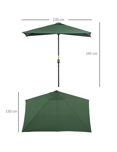 Outsunny Half Parasols Balcony Semi Round Umbrella Patio Crank Handle (2.3m, Green)- NO BASE INCLUDED 84D-074GN