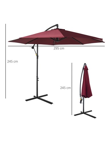 Outsunny 3 meter Cantilever Umbrella Garden Banana Parasol Patio Hanging Sun Shade Wine Red 84D-037WR