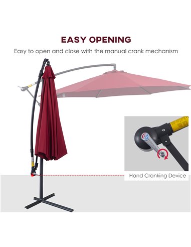 Outsunny 3 meter Cantilever Umbrella Garden Banana Parasol Patio Hanging Sun Shade Wine Red 84D-037WR