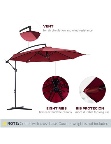Outsunny 3 meter Cantilever Umbrella Garden Banana Parasol Patio Hanging Sun Shade Wine Red 84D-037WR