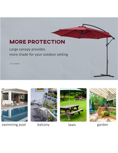 Outsunny 3 meter Cantilever Umbrella Garden Banana Parasol Patio Hanging Sun Shade Wine Red 84D-037WR