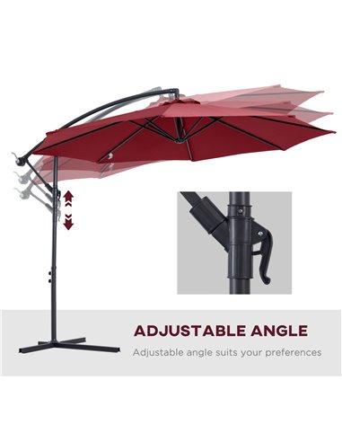 Outsunny 3 meter Cantilever Umbrella Garden Banana Parasol Patio Hanging Sun Shade Wine Red 84D-037WR