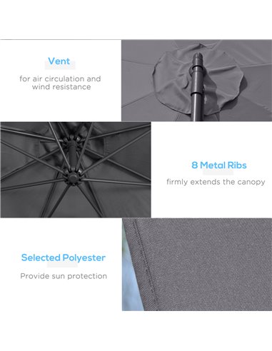 Outsunny 3(m) Garden Banana Parasol Cantilever Umbrella with Crank Handle and Cross Base, 8 Ribs for Outdoor, Hanging Sun Shade,