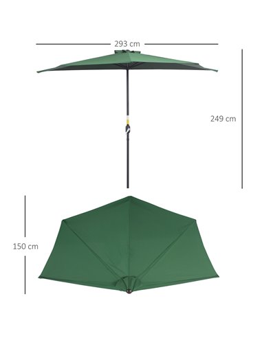 Outsunny 3(m) Half Parasol Semi Round Umbrella Patio Metal Frame Crank Handle for Balcony-- NO BASE INCLUDED, Green 84D-008GN