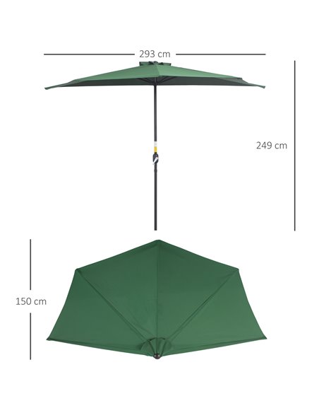 Outsunny 3(m) Half Parasol Semi Round Umbrella Patio Metal Frame Crank Handle for Balcony-- NO BASE INCLUDED, Green 84D-008GN - pic 49248 | FastDaddyshop