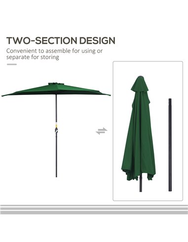 Outsunny 3(m) Half Parasol Semi Round Umbrella Patio Metal Frame Crank Handle for Balcony-- NO BASE INCLUDED, Green 84D-008GN