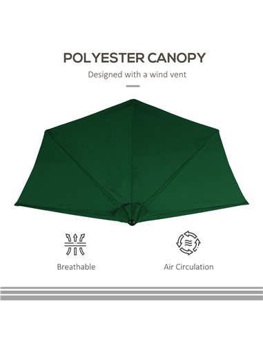 Outsunny 3(m) Half Parasol Semi Round Umbrella Patio Metal Frame Crank Handle for Balcony-- NO BASE INCLUDED, Green 84D-008GN