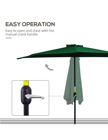 Outsunny 3(m) Half Parasol Semi Round Umbrella Patio Metal Frame Crank Handle for Balcony-- NO BASE INCLUDED, Green 84D-008GN