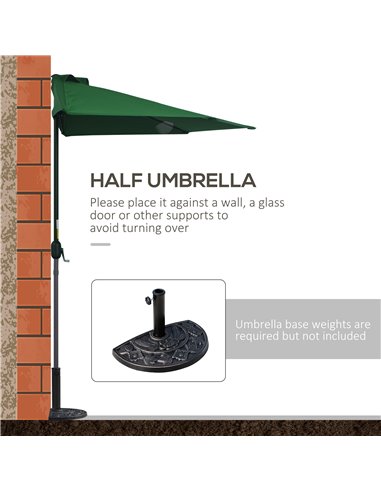 Outsunny 3(m) Half Parasol Semi Round Umbrella Patio Metal Frame Crank Handle for Balcony-- NO BASE INCLUDED, Green 84D-008GN