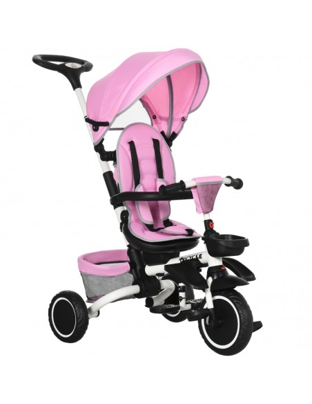 HOMCOM 7-in-1 Tricycle for Kids, Baby Trike with Rotatable Seat, Adjustable Push Handle Safety Harness Detachable Canopy Pink - pic 4928 | FastDaddyshop