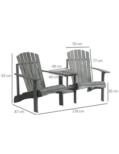 Outsunny Wooden Outdoor Double Adirondack Chairs Loveseat w/ Center Table and Umbrella Hole, Garden Patio Furniture for Lounging