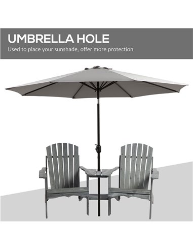 Outsunny Wooden Outdoor Double Adirondack Chairs Loveseat w/ Center Table and Umbrella Hole, Garden Patio Furniture for Lounging