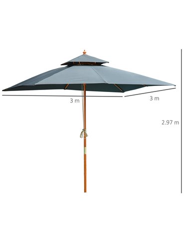 Outsunny 3x3(m) Wood Square Patio Umbrella Garden Market Parasol Sunshade Canopy with 2 Pulley Pagoda Style Dark Grey 840-026CG
