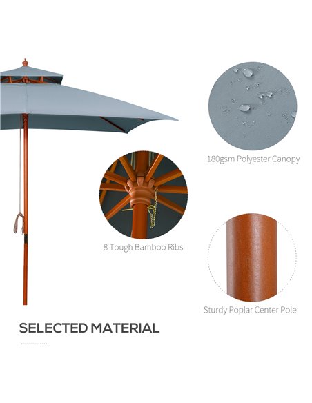 Outsunny 3x3(m) Wood Square Patio Umbrella Garden Market Parasol Sunshade Canopy with 2 Pulley Pagoda Style Dark Grey 840-026CG - pic 49303 | FastDaddyshop