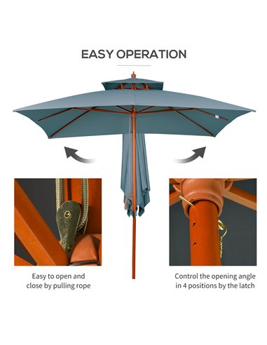 Outsunny 3x3(m) Wood Square Patio Umbrella Garden Market Parasol Sunshade Canopy with 2 Pulley Pagoda Style Dark Grey 840-026CG